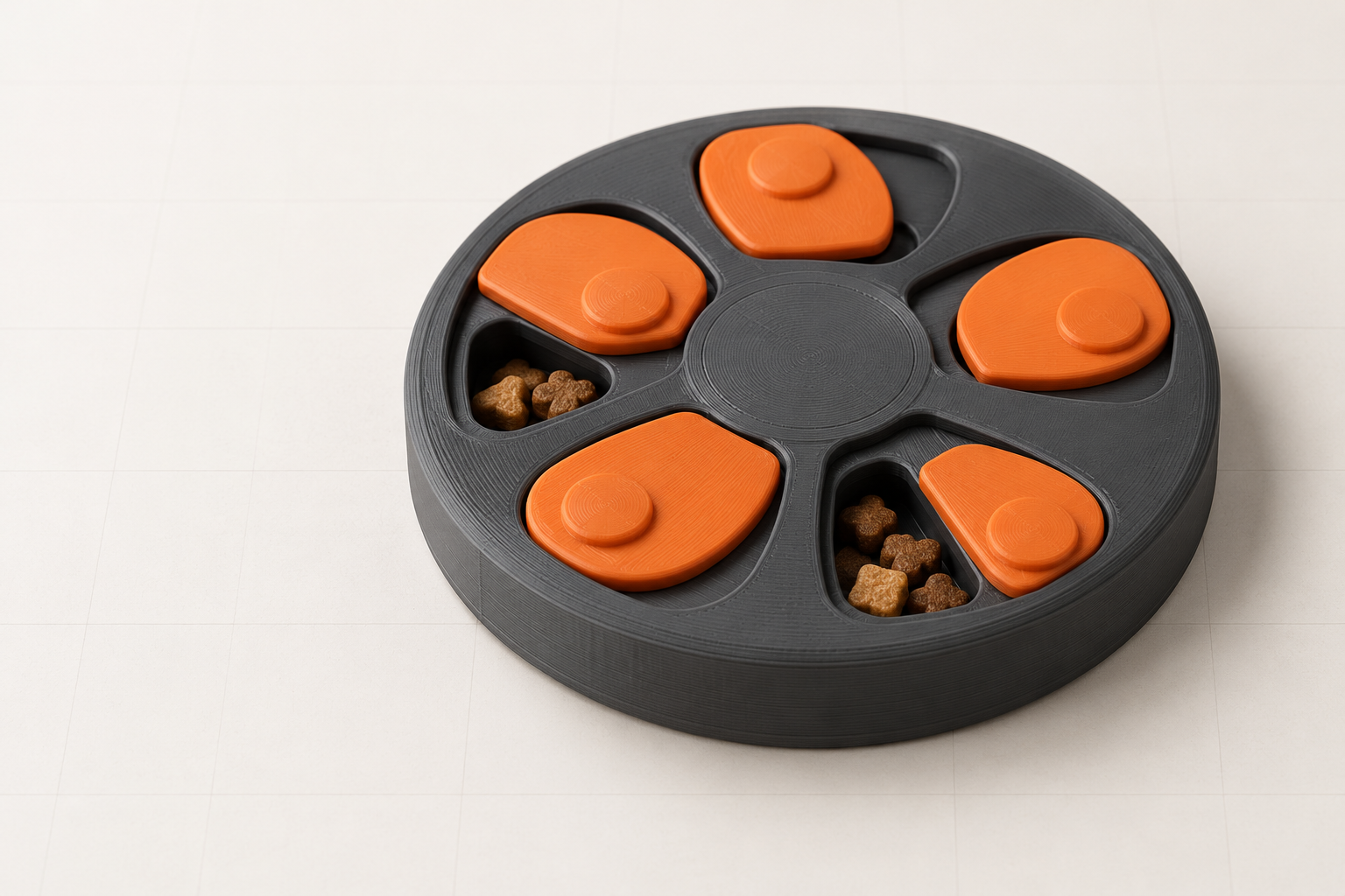 Simulação ilustrativa de puzzle circular grafite com tampas deslizantes laranja e petiscos